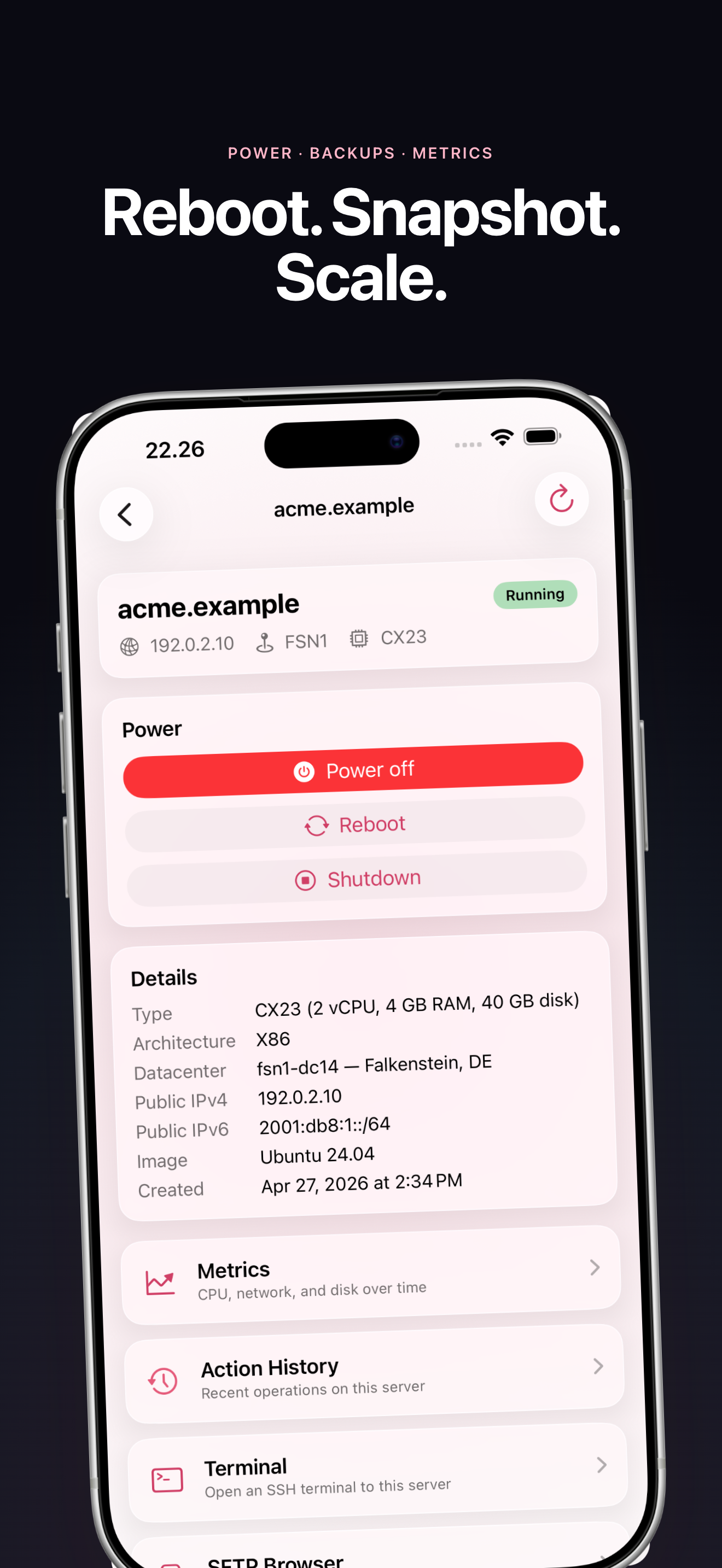 Manage servers with one-tap actions